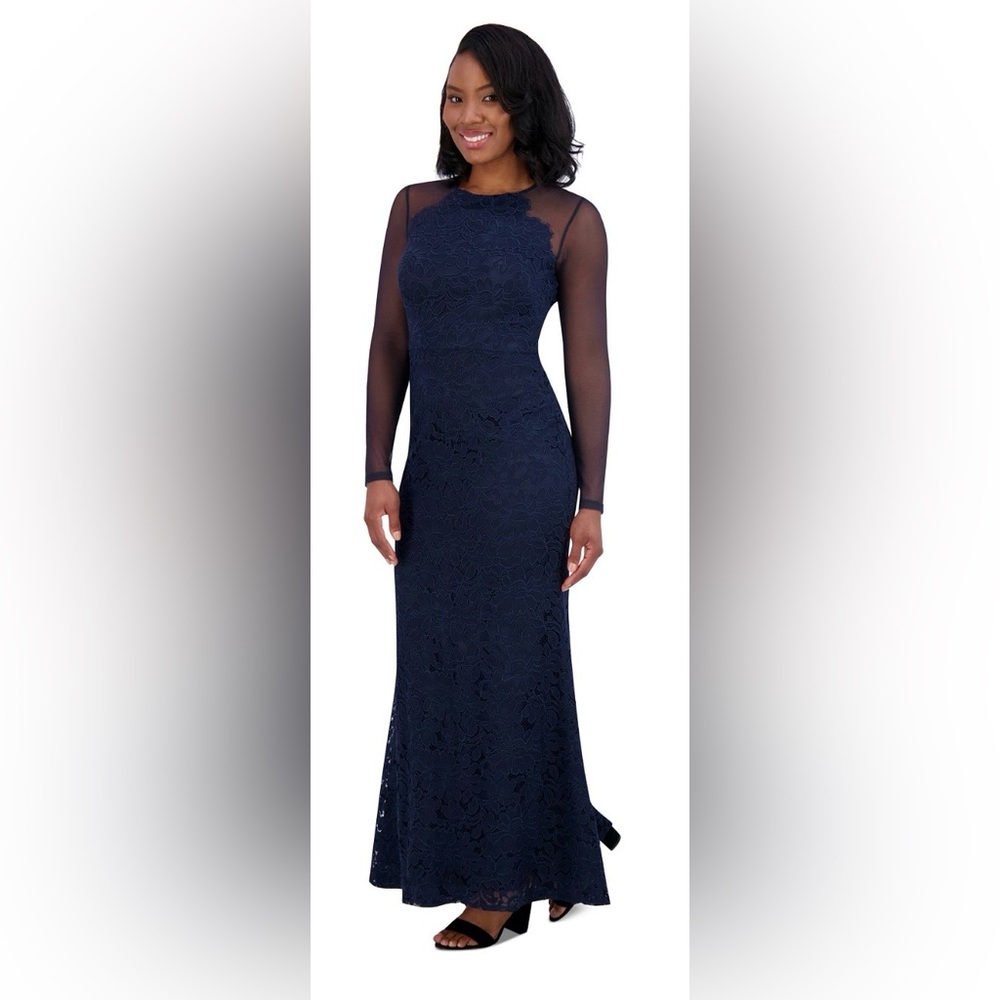 Eliza J Navy Long-Sleeve Lace Gown